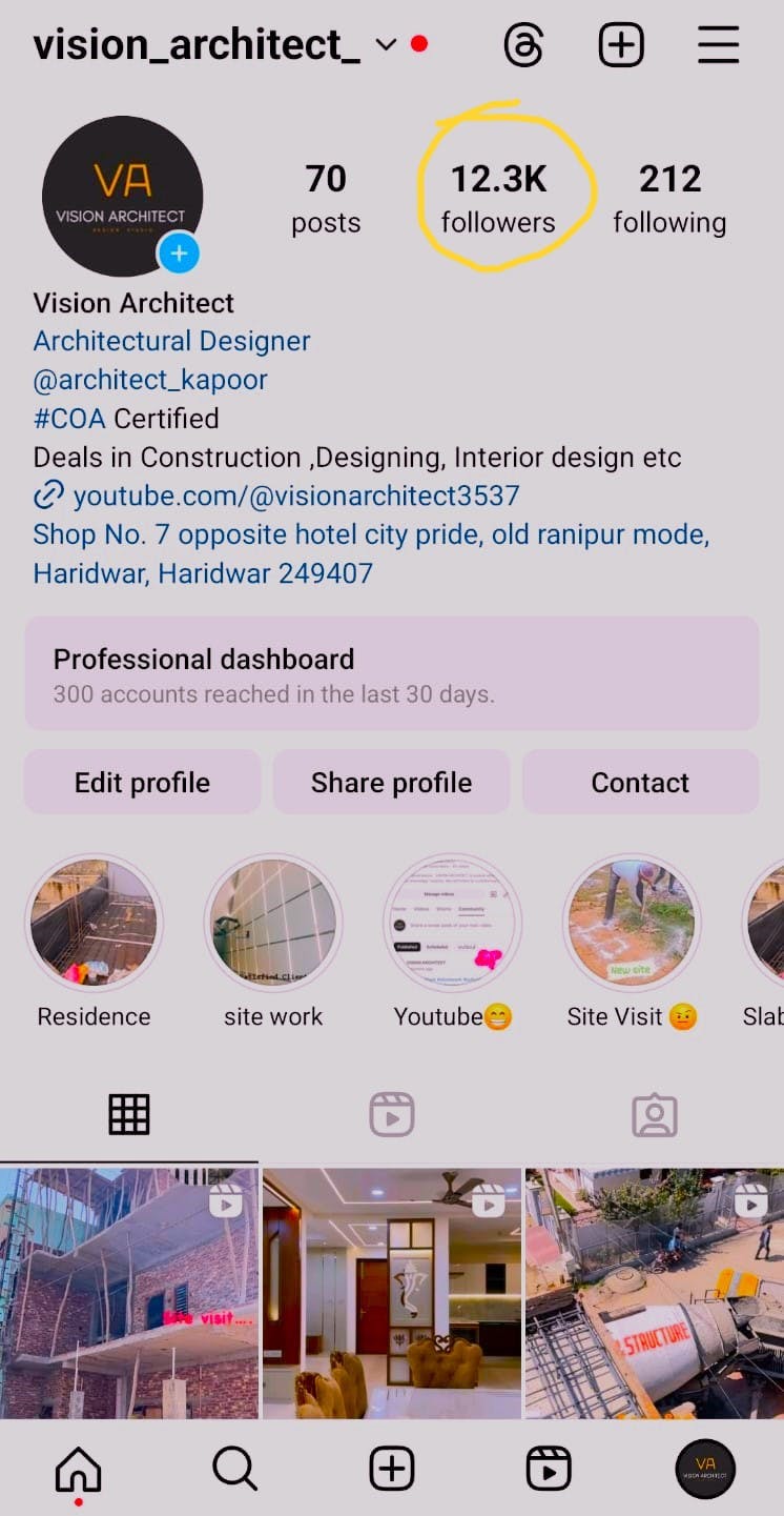 Instagram profile of vision architect by ujjwal kapoor
